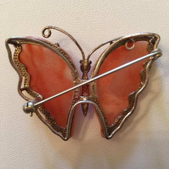 Host Pick! Peach Color Butterfly Brooch W/ Sterling Silver - Picture 2 of 3